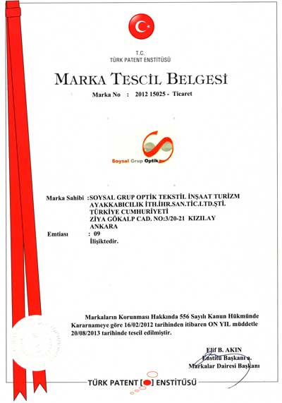 Soysal Grup Optik marka tescil belgesi
